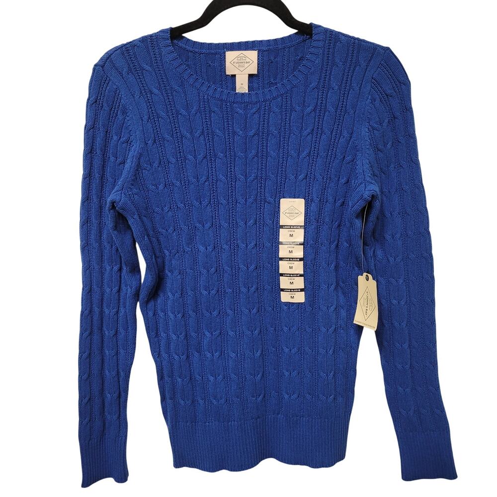 St Johns Bay Blue Cable Knit Sweater Size M NWT Crewneck Preppy Classic